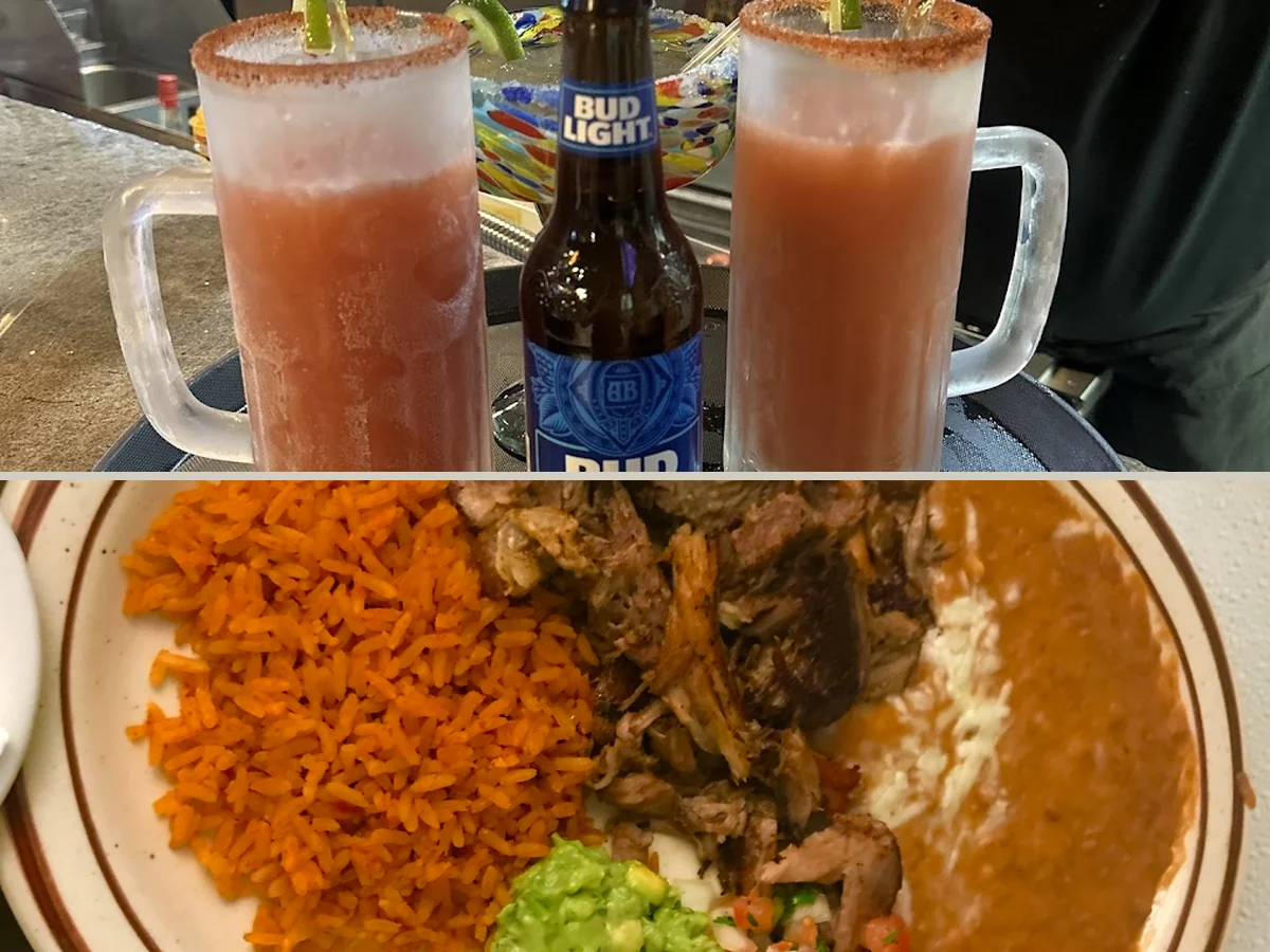Seafood and Mexican dishes beside a drink menu.