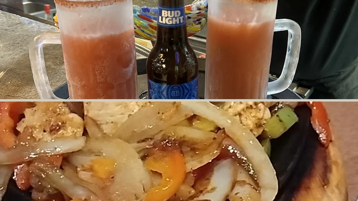 Seafood and Mexican dishes beside a drink menu.
